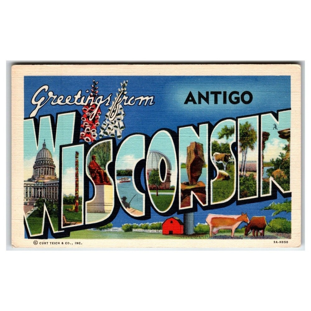 Greetings from Antigo Wisconsin Large Letter Linen Postcard 1945 Curt Teich